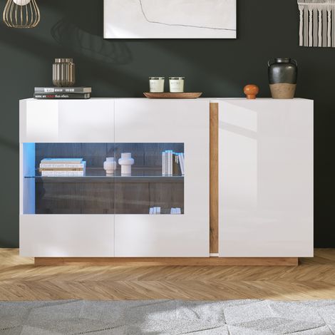 Commode de buffet haute brillance, panneau blanc en verre avec fond, base en bois, commode, armoire du couloir 138 x 38 x 90,5 cm (1/5)