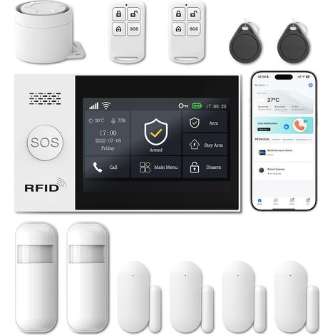 Alarme Maison sans Fil,4G/WiFi Alarme Kits avec écran Tactile 4,3 Pouces,Capteurs De Porte et De Mouvement,Sirène 120 DB,Alertes D'application,sans Abonnement Mensuel (1/5)