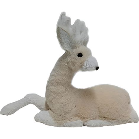 Renna seduta cerbiatto Natalizia cm 35x33 Pellicciosa Bianca Beige Decorativa per Natale Perfetta per Allestimenti Grande con Corna