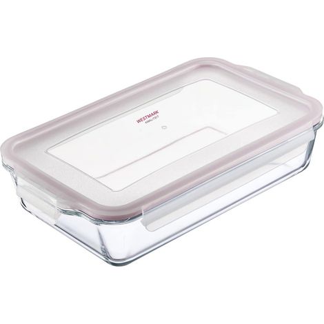Plat de cuisson carré avec couvercle hermétique et poignées ergonomiques - 1 pièce - compatible four, micro-ondes et congélateur, transparent/rouge (1/5)