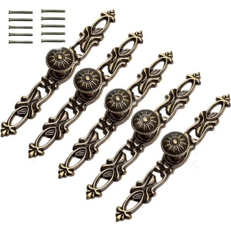 Set mit 5 Retro-Türgriffen, Schrankknöpfen und Möbelkrallen aus bronzefarbenem Messing für Schränke, 152 mm, Antikmessing