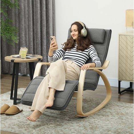 Sillón mecedora gris de poliéster con masaje 8 puntos, calor lumbar y reposapiés regulable, 67x106x92 cm (1/5)