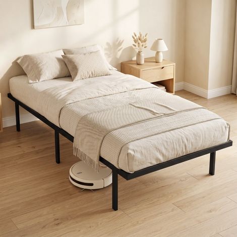 Cadre de lit métallique 90 x 200 cm avec espace de rangement sous le lit, sommier à lattes, sans sommier tapissier. (1/4)