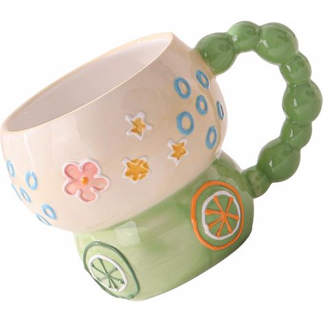 Mug à café en céramique de 400 ml (12 oz) à motif dessin animé - Design créatif et esthétique peint à la main, motif animal/personnage mignon, idéal pour le café, le thé, le lait et le lait d'avoine - (1/4)