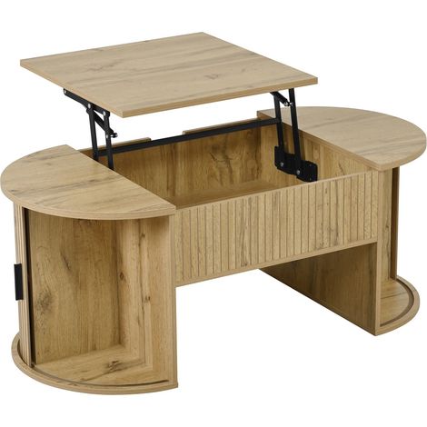 Table basse réglable en hauteur en MDF chêne avec rangement et portes coulissantes (1/5)