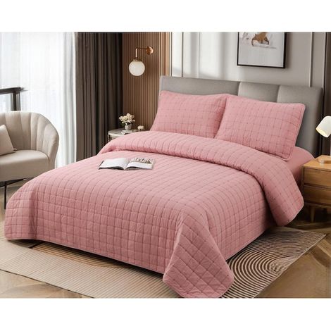 Parure de lit 3 pièces, couette d'été, drap-housse 180x200cm, 2 taies d'oreiller 55x80cm, rose (1/4)