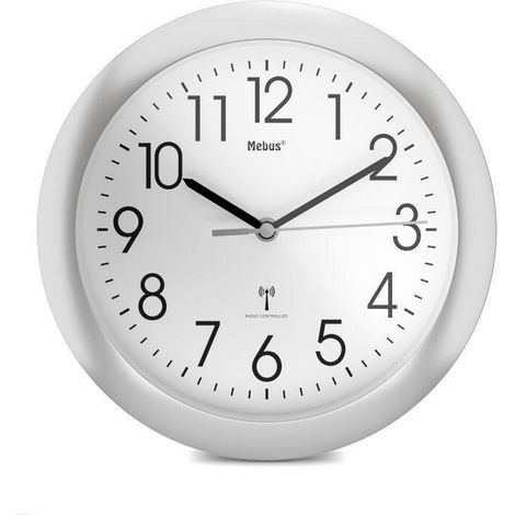 MEBUS Funk-Wanduhr mit silbernem Rahmen und 25 cm Durchmesser/Farbe: Silber/Weiß/Modell 52451 (1/4)