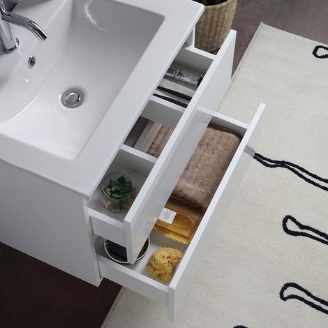 Kiamami Valentina – Meuble de salle de bain suspendu 60cm – Lavabo en céramique – 2 tiroirs avec fermeture ralentie – Finition blanc brillant — vue 4