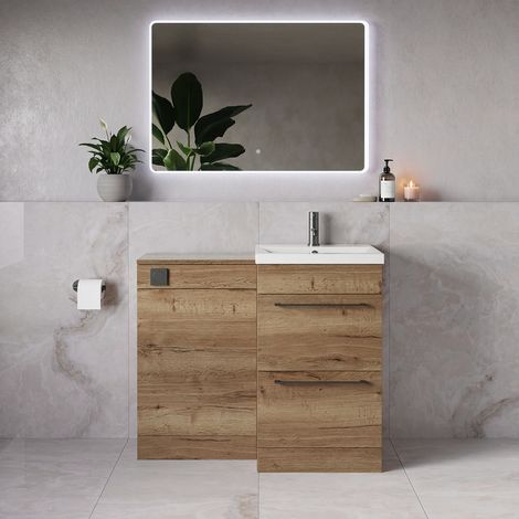 Napoli 390 Tobacco Oak 1000mm 2 Drawer Vanity Unit Toilet Suite with Glide Basin - 1000mm - Gunmetal Grey 320mm HandleWithout Kingston Toilet Pan