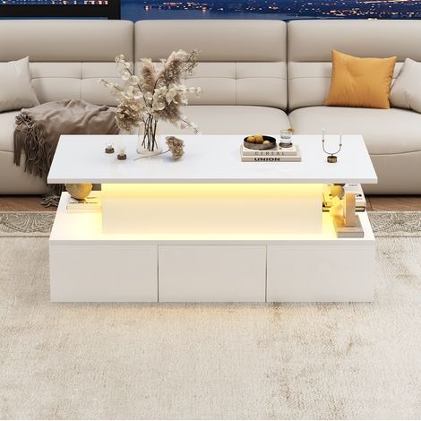 Tavolino rialzabile in MDF 100x50x40 cm con 4 cassetti, illuminazione LED, porta USB, ripiano aperto e vano nascosto, bianco (1/5)