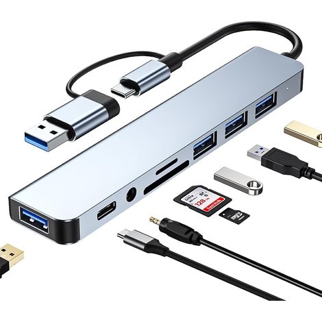 2PCS Hub C 8 en 1, adaptateur multiport 3.0 avec lecteur de carte SD/TF, ports USB 3.0 et 2.0, port USB-C, sorties audio 3,5 mm, répartiteur compatible MacBook Pro, Air, Galaxy, iPad (1/5)