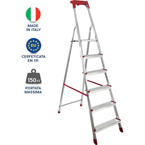 Scala Domestica in Alluminio Martina Leggera Portatile Scaletto Vaschetta Portaoggetti Pieghevole Robusta Salvaspazio made in Italy 6 gradini