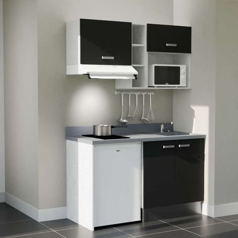 Kitchenette K13L - 140 cm - plan monobloc évier intégré Cromo- évier à droite - Façades Noir + Electroménager inclus coloris Blanc