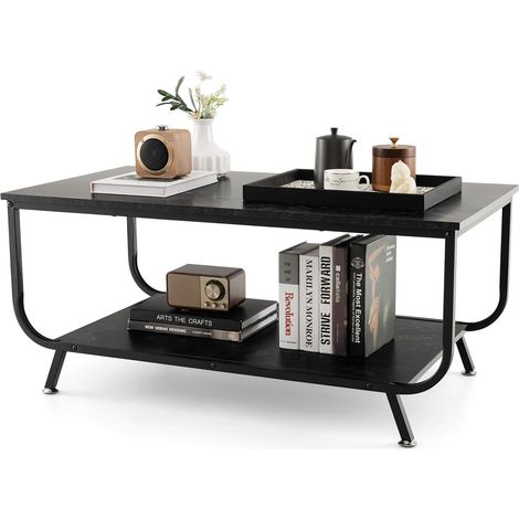 Costway – Table basse rectangulaire double plateau effet marbre – Cadre métal noir – Dimensions 105 x 55 x 46,5 cm – Surface lisse et imperméable (1/5)