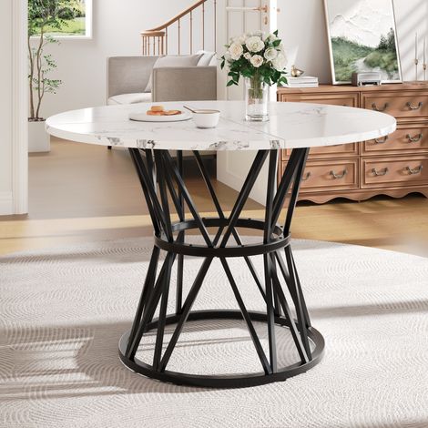 Table à manger ronde MDF effet marbre noir avec piètement métal, 100x100x76 cm (1/5)
