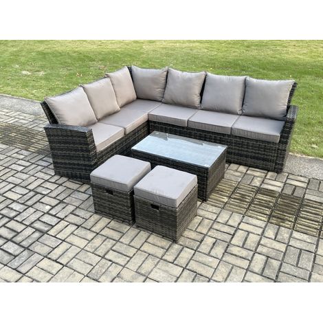 Fimous 8 Seater Outdoor Furniture Garden Dining Set Rattan Corner Sofa Set with Rectangular Coffee Table 2 Small Footstools Dark Grey Mixed (1/5)