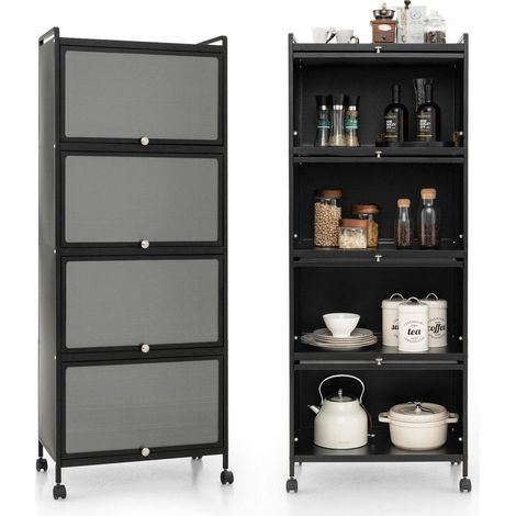 Étagère de cuisine 5 niveaux, meuble de rangement noir avec portes relevables PC et 4 roulettes avec freins (1/5)