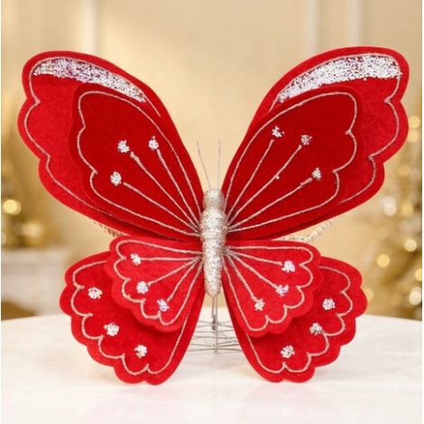 Grand papillon décoratif velours rouge vif 40×35 cm, décoration de Noël brillante à paillettes (1/3)
