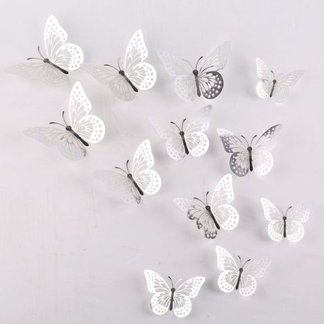 72 pièces, trois tailles, trois styles de papillons ajourés (styles A+B+D), décorations murales papillons en métal ajouré 3D pour salons, autocollants décoratifs papillons tridimensionnels, argentés. (1/5)