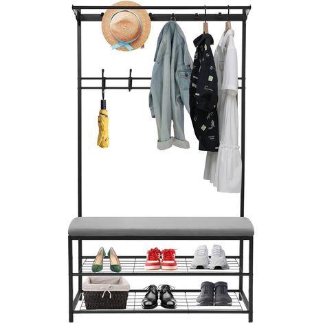 Porte-manteau avec banc 100 x 33 x 170 cm, porte-vêtements avec crochets et étagère à chaussures à 2 niveaux, étagère de couloir pour entrée, chambre à coucher, salon, design industriel (noir + gris)