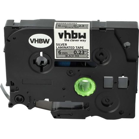 vhbw 1x Label Tape compatible with Brother PT H500, H300, H300LI, H200, H110 Label Printer 8m x 6 mm, Black on Silver, Laminated