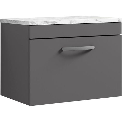 Millwich Contemporary 1 Drawer Wall Hung Vanity Unit with Laminate Carrara Marble Worktop, Gloss Grey, 600mm