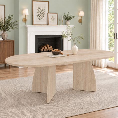Table à manger extensible ovale 150/200x90x75 cm pour 6 à 8 personnes, design moderne avec bords arrondis, plateau MDF - Travertin (1/5)