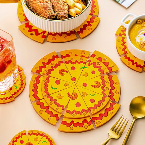 Dessous-de-plat rond en silicone anti-brûlure motif pizza Tapis de table et dessous-de-verre facile à nettoyer 20 cm Protection de table design créatif pour la cuisine (1/5)