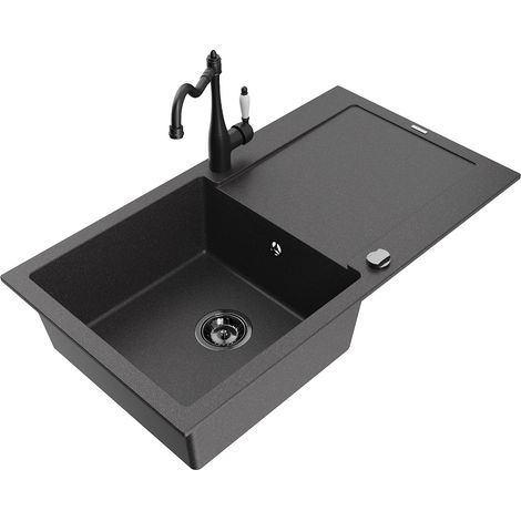 Mexen Leo 1 Becken-Granitspüle mit Abtropffläche und Mischbatterie Carla, Schwarz gesprenkelt - 6501