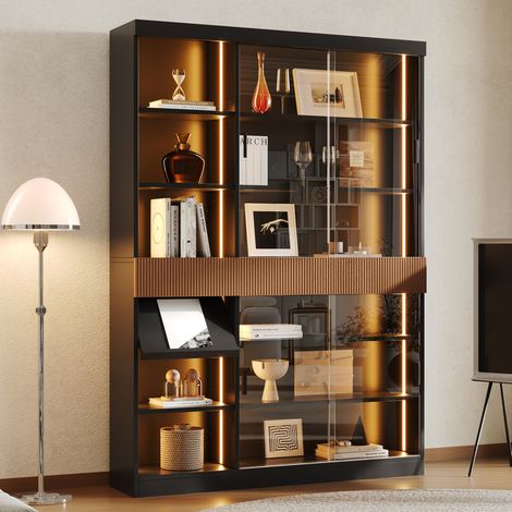 Vitrina 120x28,5x180 cm MDF negro y marrón con LED y puertas correderas de vidrio gris - CHICFURN (1/5)