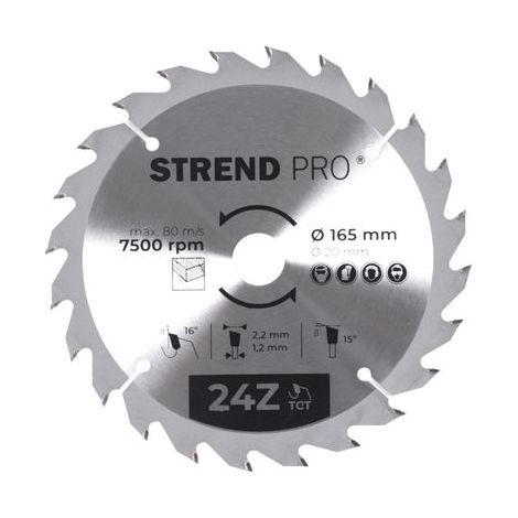Scheibe Strend Pro TCT 165x2.2x20/16 mm 24T, für Holz, Sägeblatt, SK-Zähne