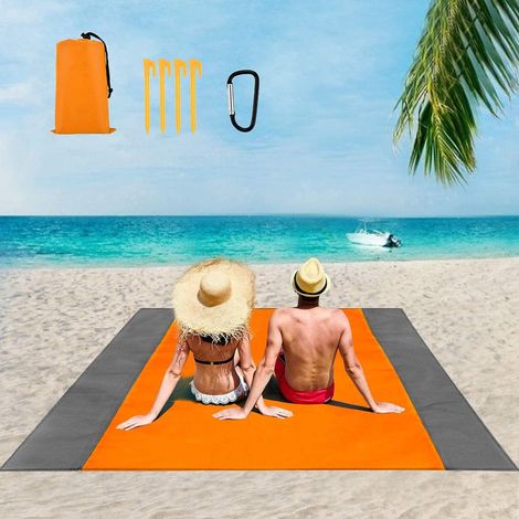 RHAFAYRE Tapis Plage Imperméable,Couverture Pique Nique Anti Sable,Couverture Plage Légère,avec Sac De Rangement,Mousqueton Et 4 Clous De Fixation,Con (1/4)
