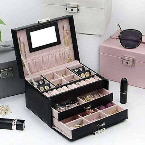 Joyero de 3 niveles Crediri para mujer, joyero de cuero sintético con cerradura, organizador de joyas con 2 cajones y espejo. Almacenamiento de joyas para anillos, pendientes, collares, color negro. (1/5)
