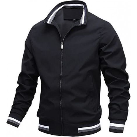 Veste Baseball Homme - Polyester Respirant - Col Classique - Fermeture Eclair Intégrale - Manches Côtelées Élastiques - Noir - Taille Unique (1/4)