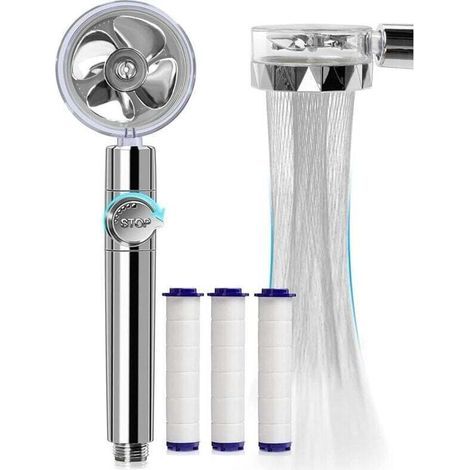 Douche à économie d'eau haute pression, pommeau de douche à main à hélice rotative à 360 degrés avec filtre, pommeau de douche Turbo Spa avec ventilateur et interrupteur (argent) (1/4)