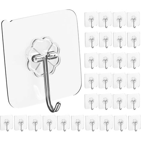 30 Pcs crochet adhesif mural, crochet mural, crochets adhesifs muraux, Crochets Adhésifs Mural Transparents sans Trace pour Porte Serviette Tableau Plafond et Cuisine, Support jusqu'à 10kg (1/5)