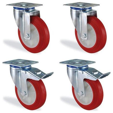 Lot de 4 roulettes pivotantes à frein 80mm – Charge 375kg – Polyuréthane rouge – Pour chantiers et espaces confinés – HTR