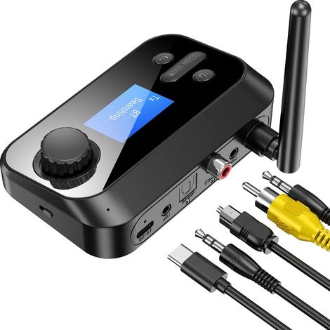 6 en 1 récepteur d'émetteur audio Bluetooth à longue portée pour les haut-parleurs stéréo à domicile de la télévision avec contrôle du volume, adaptateur audio sans fil de 3,5 mm à faible latence