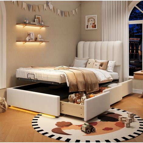 Letto contenitore per bambini 90x200 cm in velluto beige con 3 cassetti e luce LED (1/5)