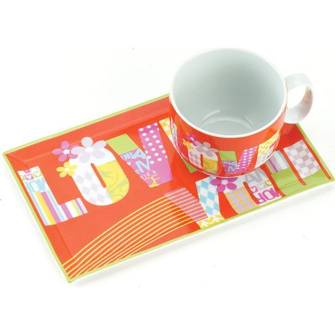 Tognana, set colazione 370 ml love in porcellana, composto da un vassoio rettangolare e tazza colazione