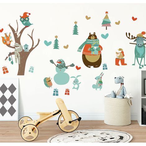 Stickers Noël animaux et l'arbre enchanté - Autocollants stickers adhésifs noël - décoration fêtes - 60x90cm (1/5)