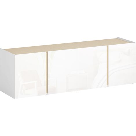 Meuble TV/banquette TV à 4 portes avec fermeture amortie, étagère réglable et système de gestion des câbles, 135 x 38 x 45 cm, blanc (1/5)