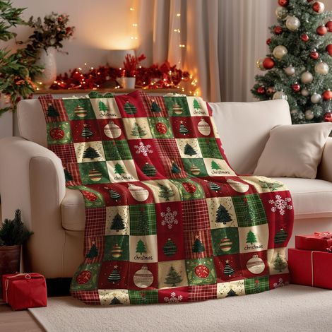 Plaid de Noël en flanelle 127 x 152 cm - Motif écossais rouge et vert avec sapin et neige, couverture polaire douce pour canapé et lit, cadeau idéal pour femmes, adultes et enfants (1/5)