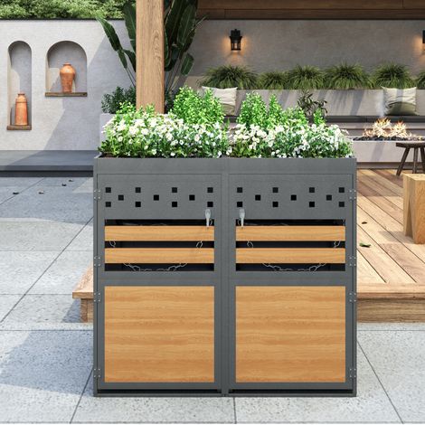 Mülletonnenbox 2er-Set mit Pflanzdach, für 2 Tonnen à 120–240 L, Anthrazit, OKMYHOME (1/5)