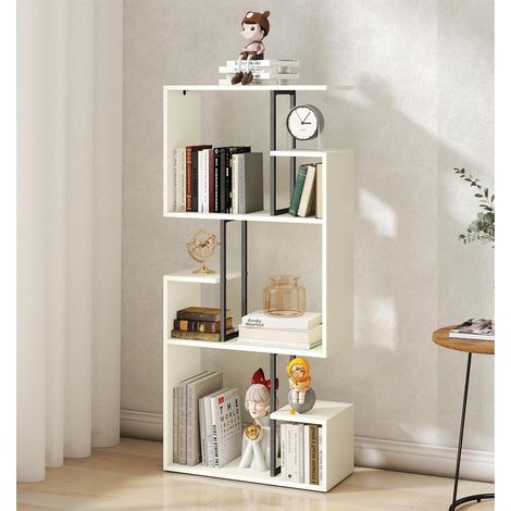 Grande bibliothèque blanche en bois avec pièces métalliques - Séparateur de pièce pour salon, chambre d'enfant, bureau à la maison - Étagère stable avec dispositif anti-basculement pour ranger des (1/5)