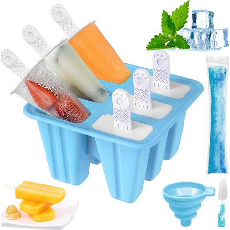 1 Moule à Glace Silicone, 6 Cavités, Avec Entonnoir Pliable, Brosse Nettoyage, Sacs Popsicle, Pour Adultes Et Enfants (1/5)