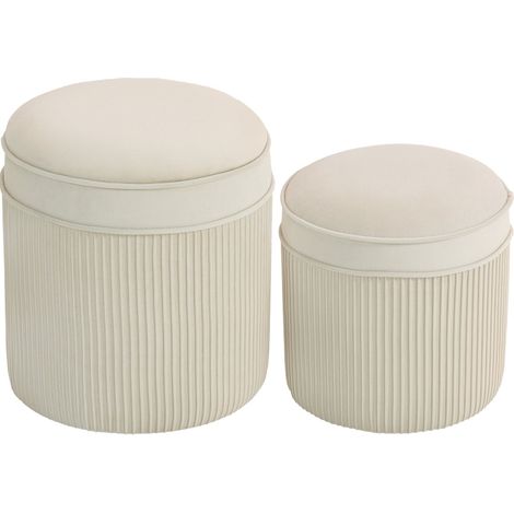 Lot de 2 poufs de rangement ronds en tissu crème, empilables, avec couvercle et assise rembourrée, design plissé gain de place pour salon ou chambre - CHICFURN (1/5)