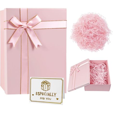 MSLHUB Boîte cadeau avec couvercle, 28 x 20 x 9 cm, grande boîte cadeau avec ruban, carte de vœux et raphia, boîte cadeau pliable pour anniversaire, mariage, Noël (rose) (1/4)