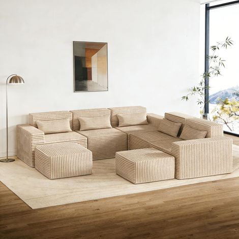 Modular Sofa 258cm Boneless Cloud Couch L Shaped Couch Corner Sofa Memory Foam Corduroy Wide Armrest Deep Seat Pillow Bottom Anti-Slip Living Room Bedroom No Assembly Required Beige 5 Seater&Ottomans