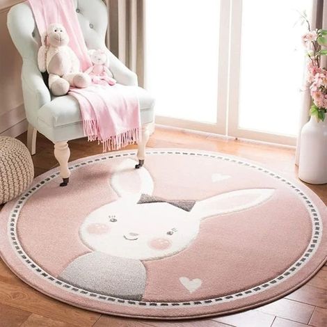 Runder Teppich (1 m Durchmesser), großer, ultraweicher und niedlicher Teppich mit Hasenmuster für Schlafzimmer, Spielzimmer, Kinderzimmer, Wohnzimmer, rutschfeste und waschbare runde Bodenmatte (1/5)